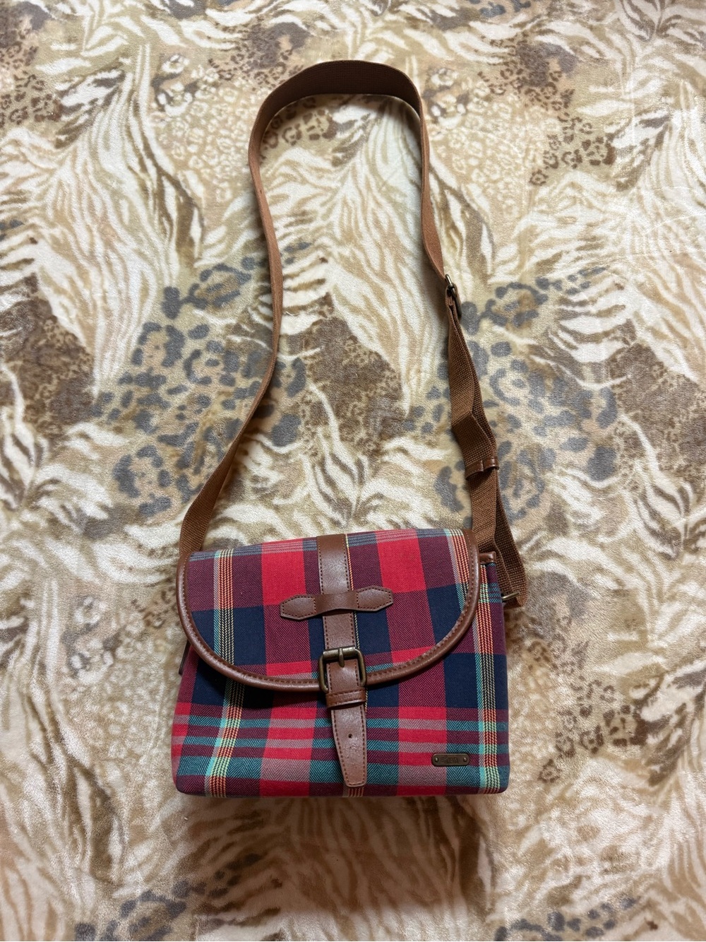 Ciesta red, blue, and beige plaid crossbody bag with leather accents